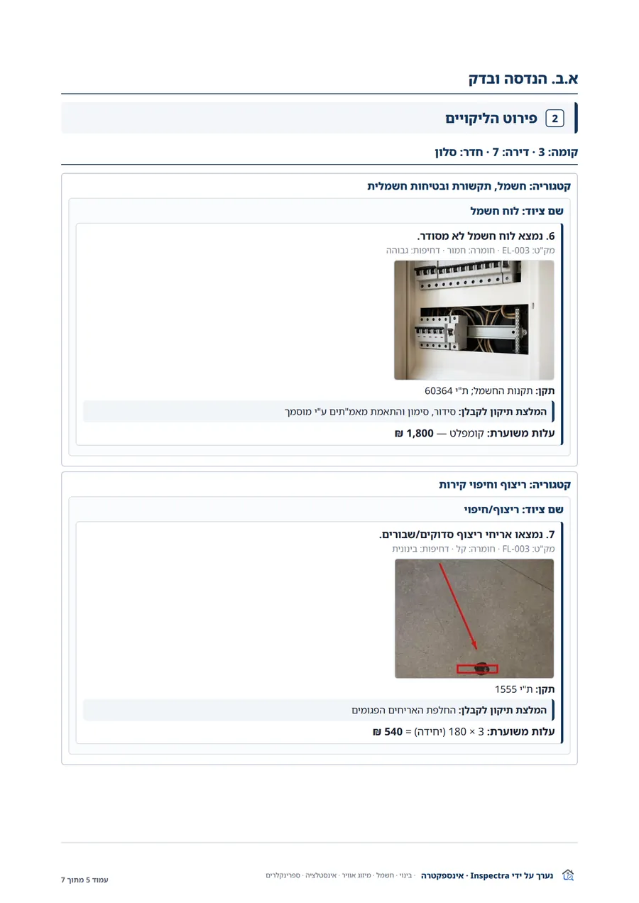 עמוד פירוט ליקויים לדוגמה: תקן, תמונה, המלצת תיקון ועלות משוערת לכל ליקוי