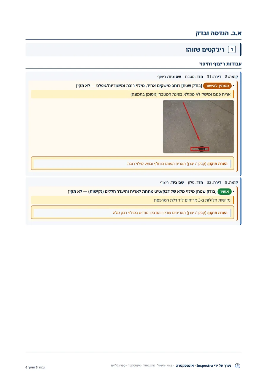 עמוד ממצאים לדוגמה מתוך דו״ח ניהול פיקוח, עם סימון דחוף ותמונה